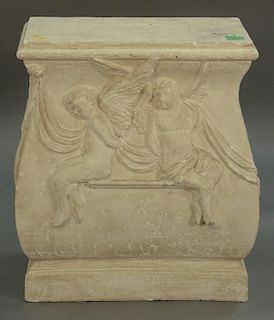 Plaster pedestal with putti. ht. 25in., wd. 25in., dp. 14in.