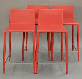 Set of four Arper bright red leather bar/counter stools with backs. seat ht. 25in.