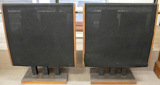 Pair of Dahlquist DQ-10 Mid-Century speakers with stands. 
height 39 inches, width 30 inches