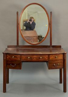 Custom mahogany Sheraton style vanity and mirror with inlaid drawers. ht. 69in., wd. 48in., dp. 25in.