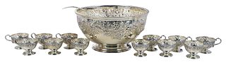 Kirk Repousse Sterling Punch Bowl, Twelve Cups and Ladle