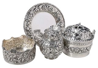 Four Pieces Silver Repousse Hollowware