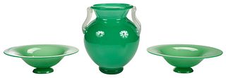 Steuben Jade Green Glass Vase and Near Pair of Compotes 