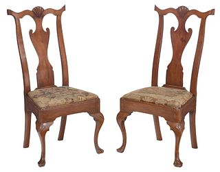 Unusual Pair Pennsylvania Chippendale Walnut Side Chairs