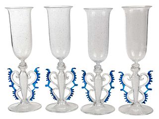 Four Venetian Clear and Blue Glass Goblets