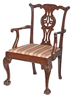British George III Carved Mahogany Open Armchair