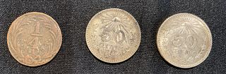 Group of 3 Mexico Coins 1834 1/4 Real 1937 1944 .720 Silver 50 Centavos