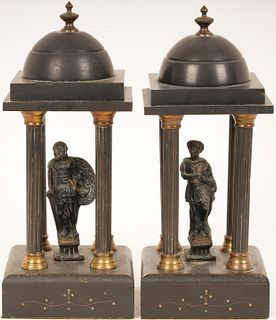 Pair 19C Grand Tour Bronze/Marble Temple Figures