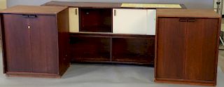 Four piece lot to include three Danish modern cabinets, one with tambour doors (ht. 36in., wd. 46in.) and a credenza (as is)>