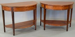 Pair of custom mahogany demilune servers/tables made to fit over chair rail. ht. 36in., wd. 45in., dp. 25in.