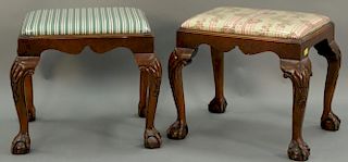 Pair of Chippendale style mahogany benches with upholstered tops and ball and claw feet. ht. 20in., top: 16" x 20"