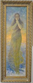 Oil on canvas full length portrait of a young woman blindfolded, signed illegibly lower left, 20th century. 54" x 16"