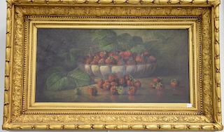 Manner of Charles Ethan Porter (1847-1923) oil on canvas still life of strawberries overfilling a bowl, unsigned, 12" x 23".