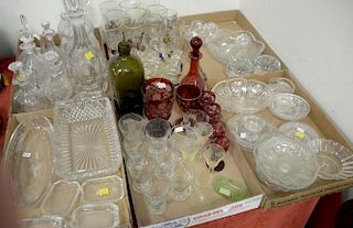 Painting and six box lots of crystal and glass to include three large decanters, cut glass dishes, sandwich glass,