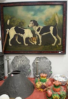 Large group to include a 20th century primitive style painting with two dogs (35" x 48") and a large group of tole and tinwar