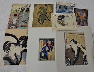 Group of twelve unframed woodblock prints, Yoshitaki Osaka School, Kunichika Japanese, etc. 10 1/2" x 8" to 15 1/4" x 10 1/4"