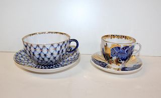 Lot of 2 USSR Lomonosov Imperial cobalt tea cups & saucers