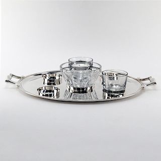 Christofle Gallia Silver Plate Serving Tray with Baccarat Crystal Caviar Server and Extra Bowl