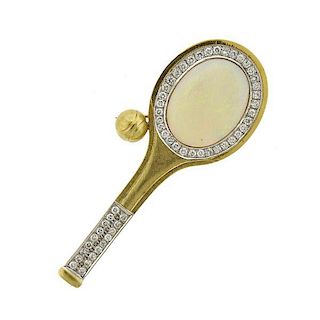 18K Gold Diamond Opal Tennis Racket Motif Pendant Brooch