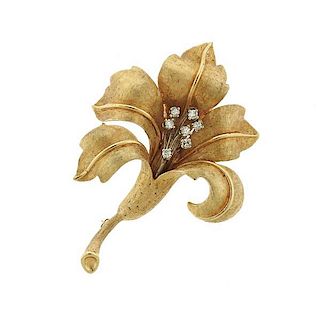 14K Gold Diamond Flower Brooch Pin