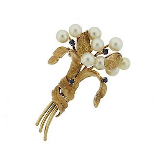 14K Gold Pearl Sapphire Floral Motif Brooch Pin