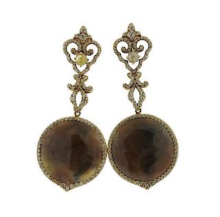 Bochic 18K Gold Diamond Faceted Brown Stone Dangle Earrings