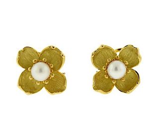 Tiffany &amp; Co 18K Gold Pearl Flower Motif Earrings