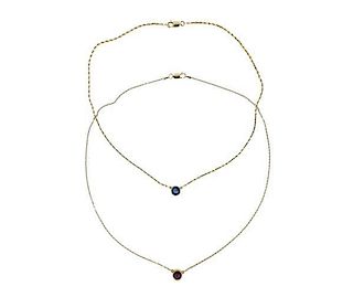 14K Gold Blue Red Stone Necklace Lot of 2