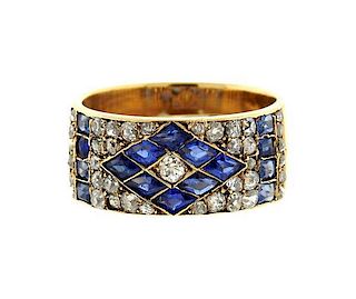 Antique 18k Gold Diamond Blue Stone Band Ring