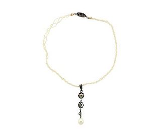 Antique Silver 18k Gold Diamond Seed Pearl Drop Necklace