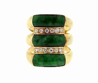 14k Gold Green Stone Diamond Wide Ring