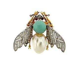 18k Gold Pearl Diamond Gemstone Insect Brooch Pin