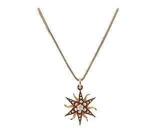 Antique 14k Gold Diamond Pearl Starburst Pendant Necklace