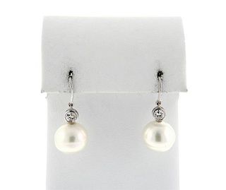 18K Gold diamond South Sea Pearl Ball Drop Earrings