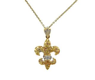 18K Gold Diamond Yellow Stone Fleur de Lis Pendant Necklace