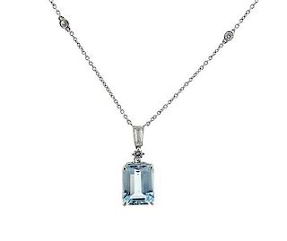 Tiffany &amp; Co. Platinum Diamond Aquamarine Pendant Necklace