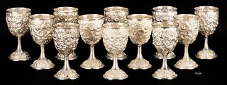 Set of 12 Kirk Repousse Sterling Silver Goblets, Hand Decorated