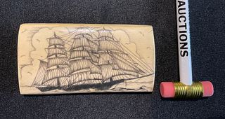 Scrimshaw Carving on Bone, Signed by Jake Bell, ‘ 02, Sailing Ship on the Ocean