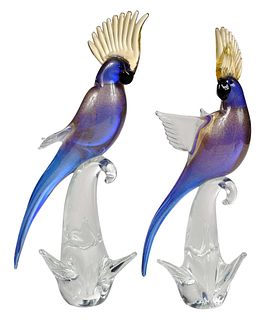 Pair of Formia Murano Cockatoo Art Glass Bird Sculptures