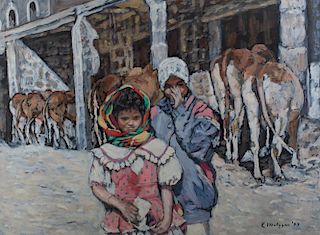 Evelyn Metzger Children with Cattle Oil on Panel