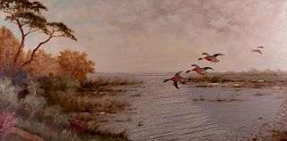 Cornelis Waterman Ducks in Flight Oil on Canvas