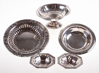 Four Sterling Bowls and One Weighted Compote