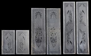 Six Antique Etched and Frosted Glass Panels