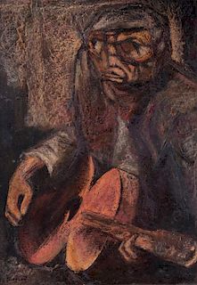 Semi Abstract Guitar Player Oil on Board
