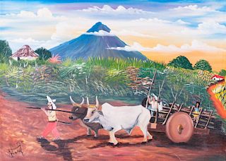 South American Farm Scene Oil on Canvas