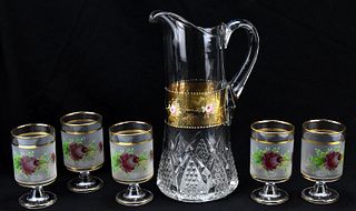 VICTORIAN GLASS WATER PITCHER AND STEMMED GLASSES