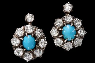 PAIR OF ANTIQUE DIAMOND AND TURQUOISE CLUSTER EARRINGS