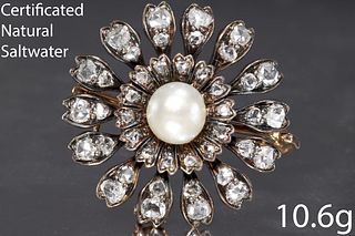 NATURAL SALTWATER PEARL AND DIAMOND BROOCH