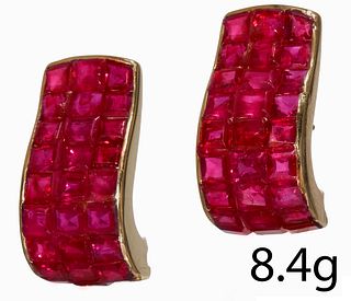 PAIR OF INVISIBLE/MYSTERY SET RUBY EARRINGS