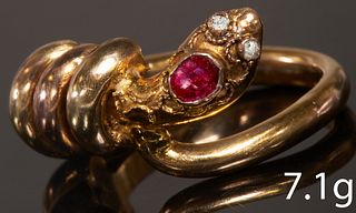 ANTIQUE RUBY AND DIAMOND SNAKE RING